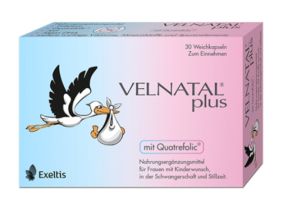 Produktverpackung Nahrungsergänzungsmittel VELNATAL® plus mit Quatrefolic®