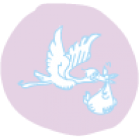 Gezeichnetes Icon mit fliegenden Storch und Baby im Tragetuch VELNATAL® plus mit Quatrefolic®